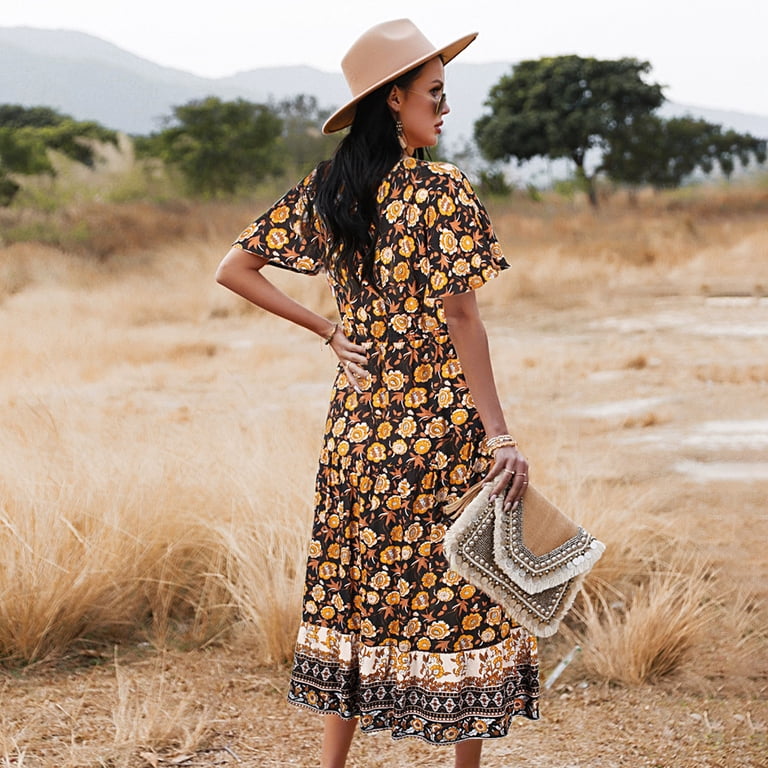 Summer Dresses for Women Maxi Dress Waist Country Resort Casual Style Swing  Dress Print Women's - Walmart.com