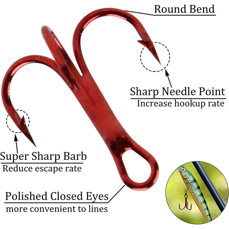 Fishing Treble Hooks with Split Rings Kit 180pcs/box High Carbon Steel Hooks  Sharp Round Bend Treble Hooks Strong Barbed Hooks Stainless Steel Ring for Lures  Baits Saltwater Freshwater Mixed Size 