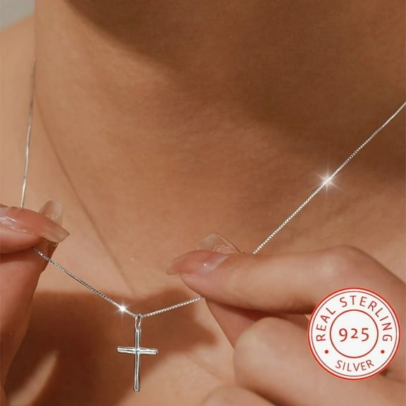 925 silver simple, fashionable, elegant cross pendant necklace, light luxury box chain, religious women's jewelry,Silvery