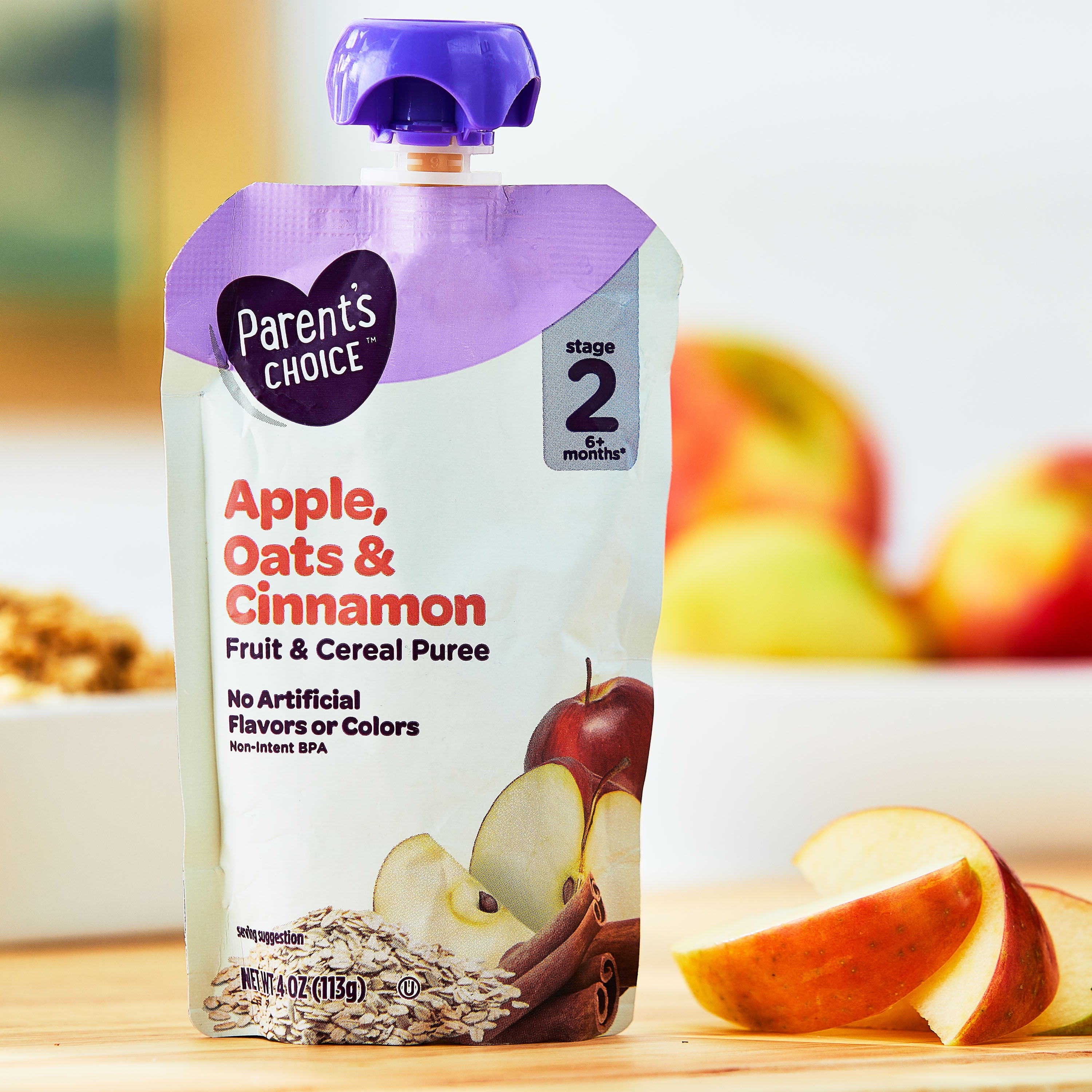 (6 pack) Parent's Choice Stage 2 Baby Food Apple, Cinnamon, and Oats Fruit and Cereal Puree, 4 oz Pouch