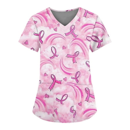 

Stay Chic in Scrubs! HIMIWAY Women s Caregiver Tops Women s Floral Printing Short Sleeve V-neck Tops Working Uniform Pocket Blouse Purple XL