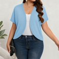 thumbnail image 5 of Women's Plus Size Cropped Cardigans Open Front V Neck Short Sleeve Knit Shrug Lightweight Dress Cover Up Light Blue, 5 of 9