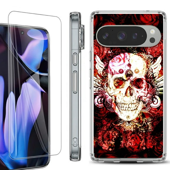 For Google Pixel 9 Pro XL Phone Case Cover, Shockproof Bumper Case with Tempered Glass Screen Protector, by OneToughShield - Rose Skull