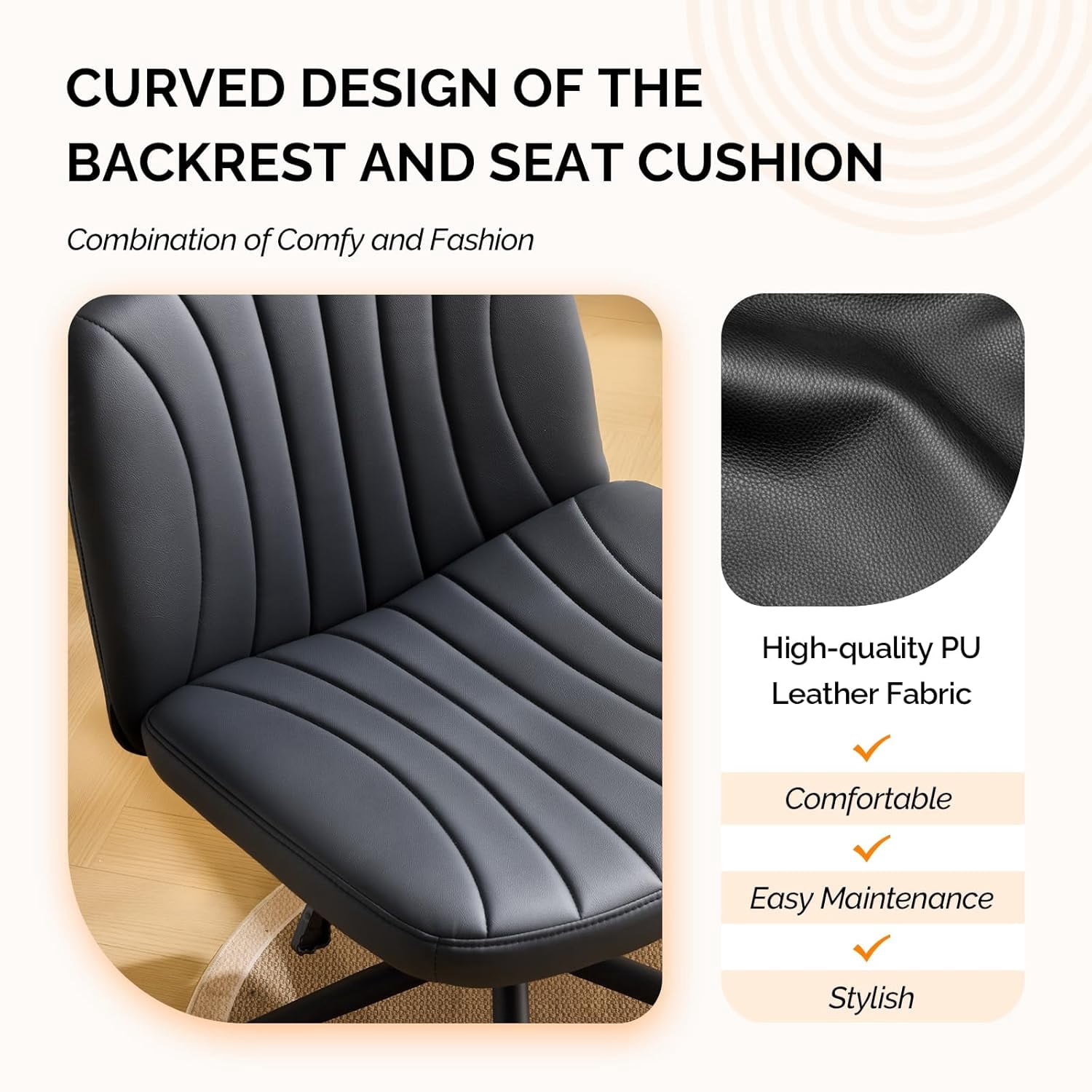 JOYMOR Modern Vanity Chair Dual-Use with/no Wheels, Armless Criss Cross Legged Chair, Swivel Wide Comfy Office Desk Chair, Computer Chair