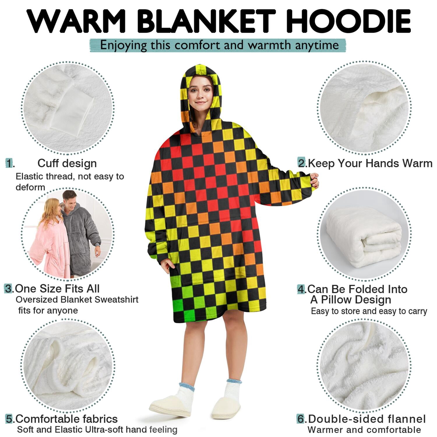 Rainbow Color Checkered Pattern Wearable Oversized Blanket,Wearable Blanket Hoodie for Adults,Cozy Hooded Blankets with Super Pockets,Super Warm Fuzzy Pullover for Women & Men