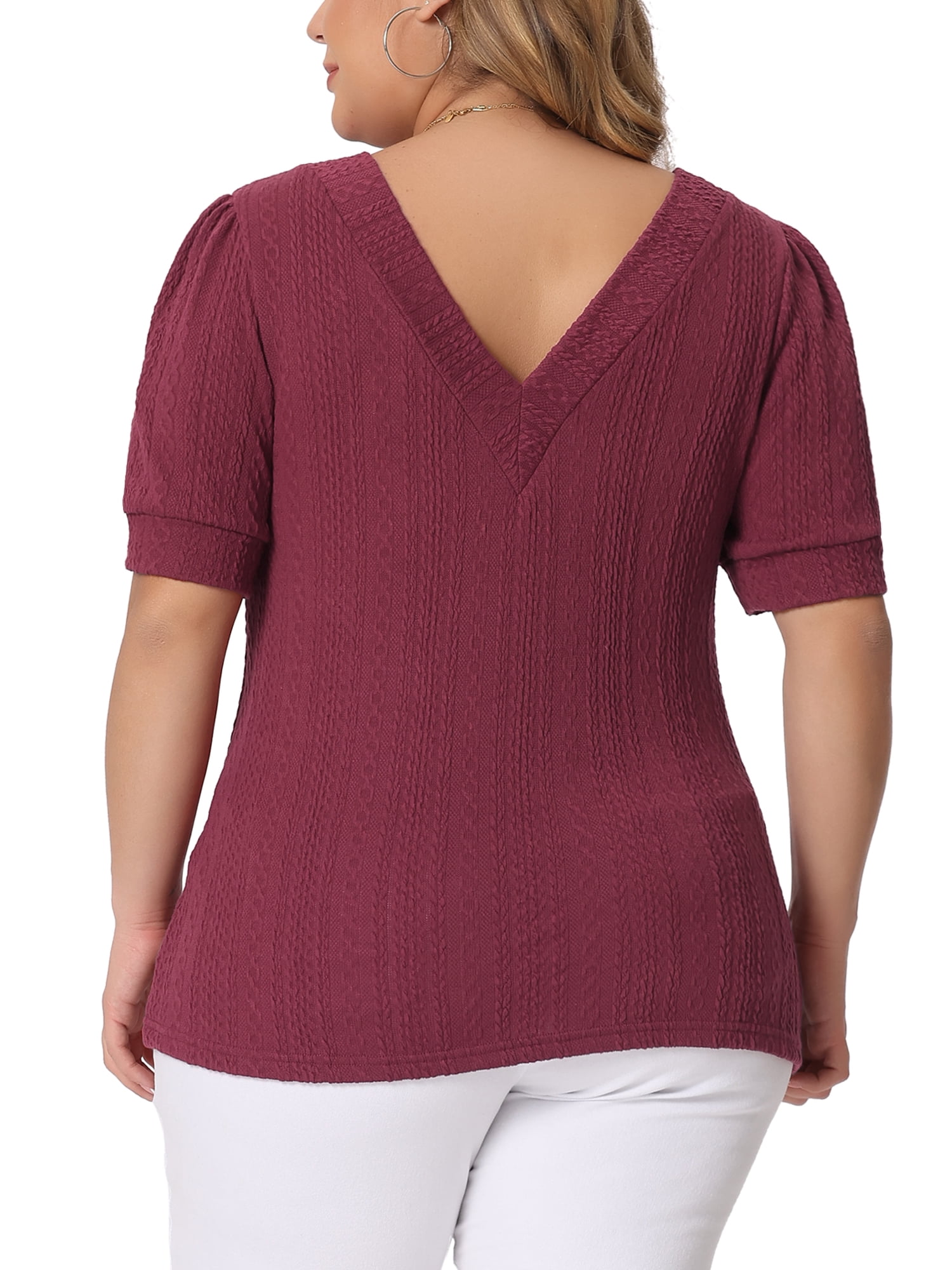 DARING DIVA Women's Plus Tops V Neck Pullover Knitted Casual Blouses 1X Burgundy
