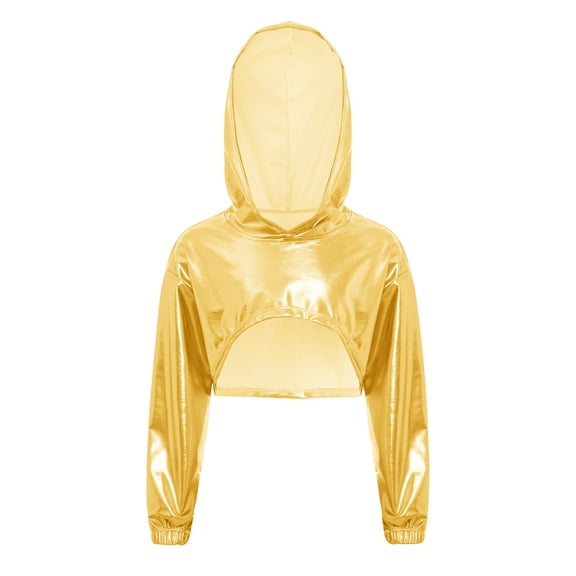 Lejafay Kids Girls Metallic Hoodies Sparkly Pullover Sweatshirt Jazz Hip Hop Dance Crop Tops Gold 16