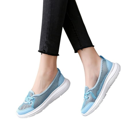 

ELABCH Sneakers for Women Four Seasons Casual Shoes New Mesh Hollow Breathable Low Top Flat Bottom Walking Shoes Blue US Size 8.5