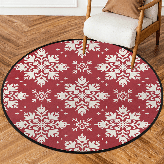 CURLYOOT Round Rug 3ft Christmas Snowflake Area Rug, Washable Circle Mat Non Slip Floor Carpet Mat, Red Soft Indoor Rugs for Entryway Living Room Dining Room Bedroom