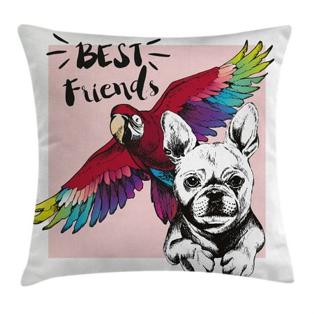 Modern Throw Pillow Cushion Cover, French Bulldog and Tropical Parrot Figure with Best Friends Phrase Portrait Design, Decorative Square Accent Pillow Case, 16 X 16 Inches, Multicolor, by