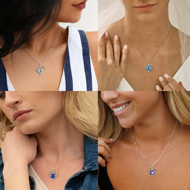 Juwaliy Mom Necklace Heart March Birthstone Necklace Aquamarine Blue 925 Sterling Silver Pendant Jewelry Women Christmas Birthday Mother s Day Gift