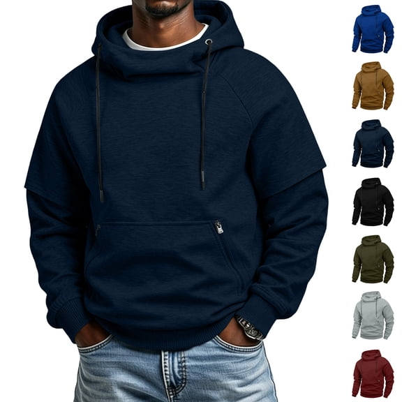Men's Zip Up Hoodie Heavyweight Winter Sweatshirt Turtleneck Drawstring Hooded Sweatshirt Double Layer Sleeve Pocket Pullover Loungewear Top.