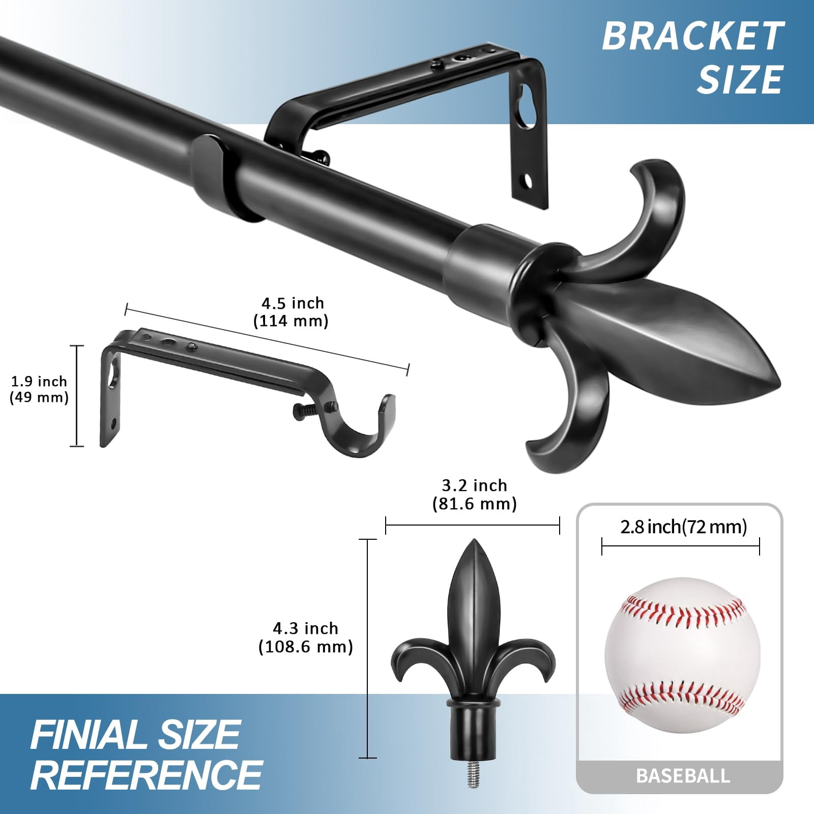 Urbanest Cast Forged Iron Curtain Rod with Fleur de Lis Finials – Heavy-Duty Decorative Designer Drapery Rod, Adjustable Metal Window Rod Set, 3/4" Diameter, 28" to 48", Matte Black