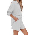 thumbnail image 3 of Pijamas Set Pure Color Loungewear Set Solapa Cuello Camisas Pantalones Cortos Set Ribbed Manga Larga Pantalones Cortos Traje Blanco S, 3 of 6