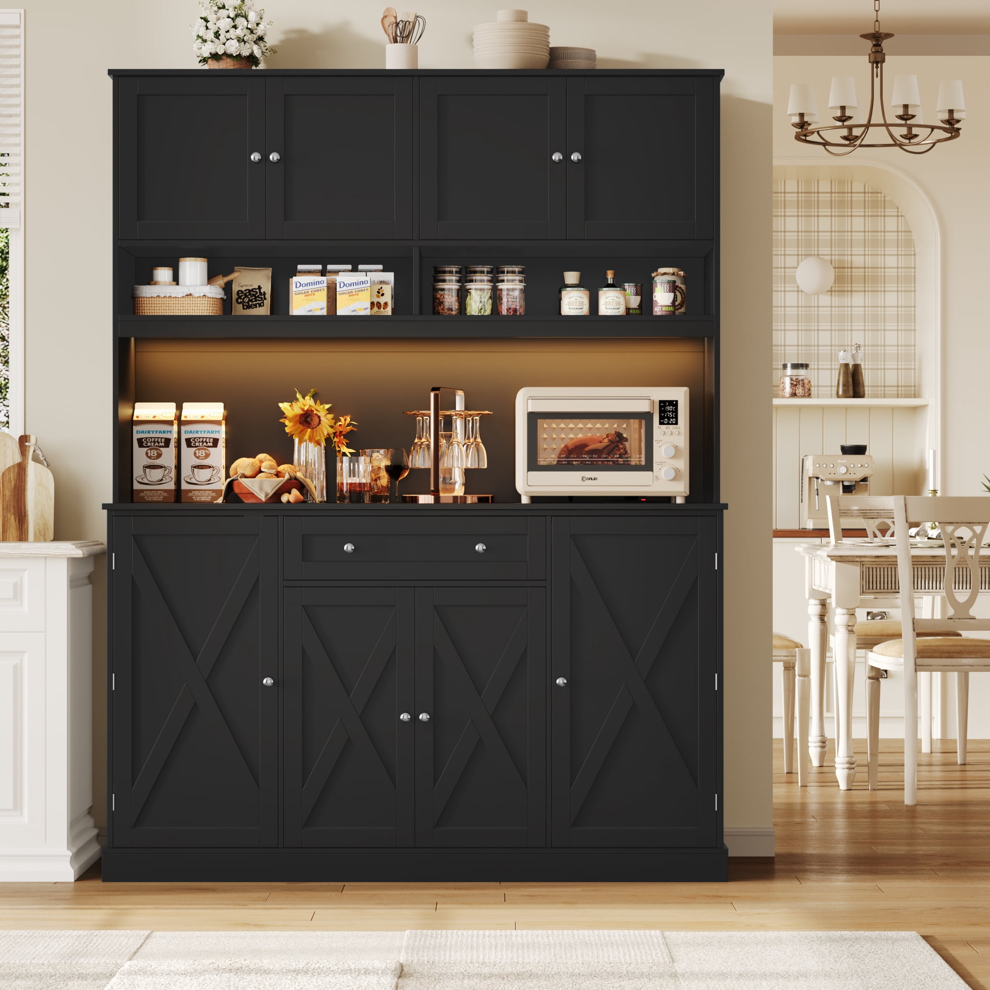 Homfa 72.8'' Tall Kitchen Pantry Cabinet with LED Lights & Charging Station, 8 Doors Storage Cabinet with Drawers & Shelves & Countertop, Kitchen Hutch with Adjustable Shelves for Dining Room, Black