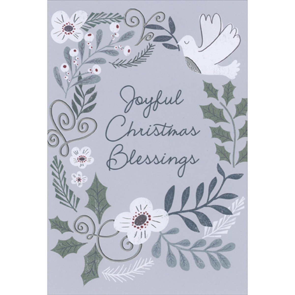Designer Greetings Joyous Blessings: White Dove Vines and Flowers with Silver Foil Accents Package of 8 Religious Christmas Cards