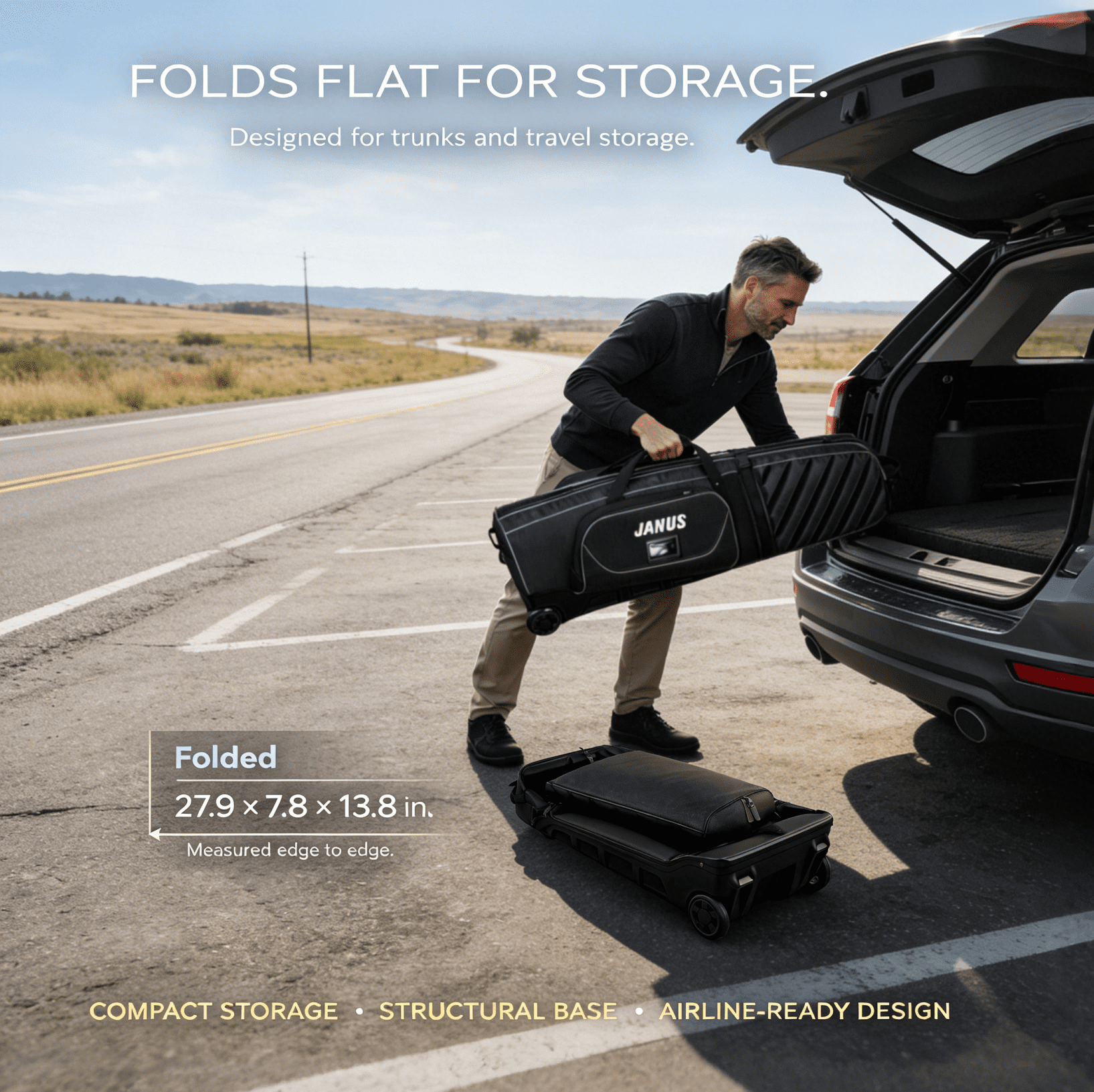 JANUS Golf Travel Bag with Integrated Foldable Support System, 4-Wheel Hands-Free Rolling & 2-Wheel Pull Mode, Reinforced Hard Base, Airline Checked Luggage Compatible