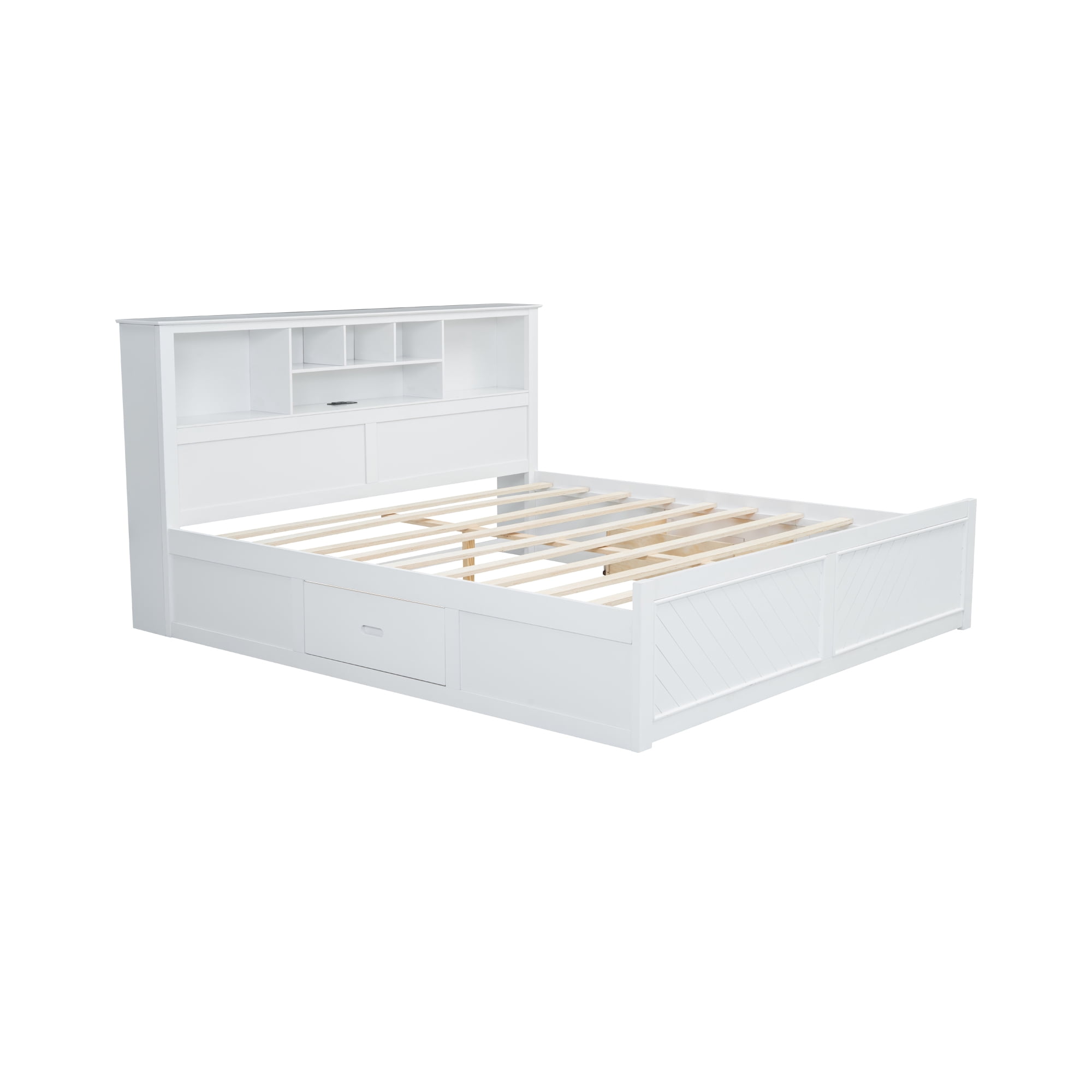 Euroco Wood King Size Platform Bed with Storage Headboard, Drawers and USB Charging Station, White