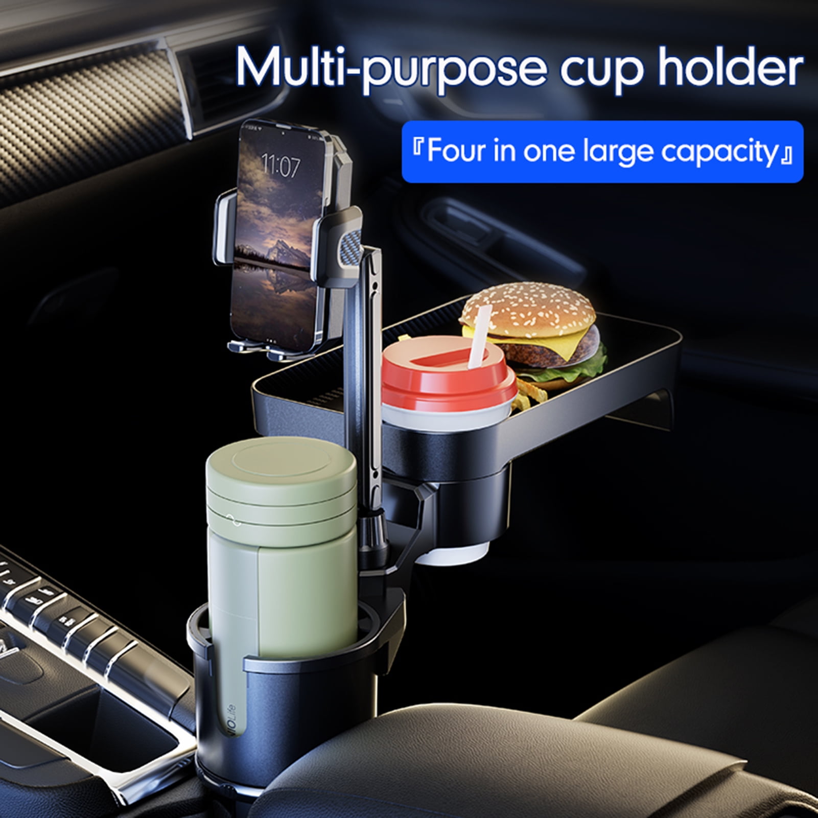 Phone Car Cup Holder Multifunctional Cup Holder Expander With 360 Rotation Tray Mobile Phone Holder Adjustable Base Auto Front Back Seat Organizer Size S, Green