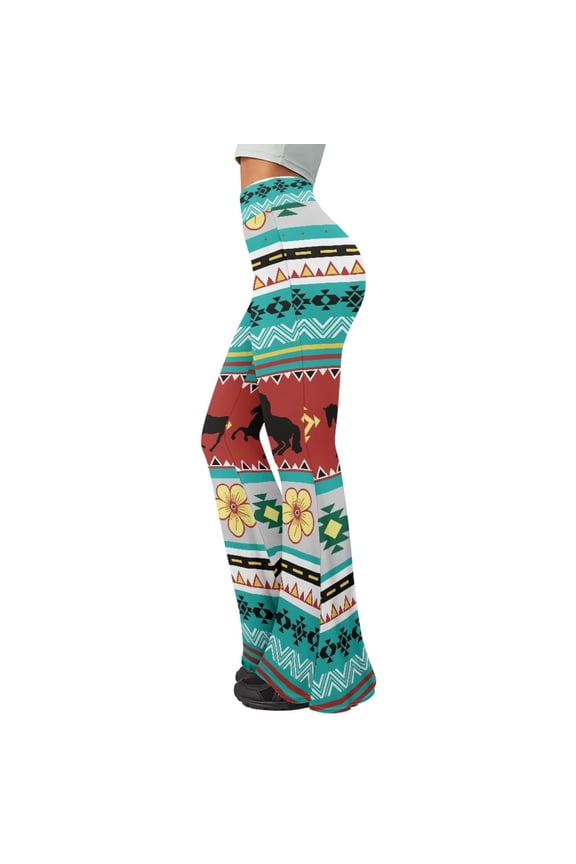 Boho Tribal Western Aztec Horse Print Womens High Waisted Flare Yoga Pants Comfy Soft Tummy Control Wide Leg Bell Bottoms Pants for Sports Running Casual Bootcut Stretch Pants,M