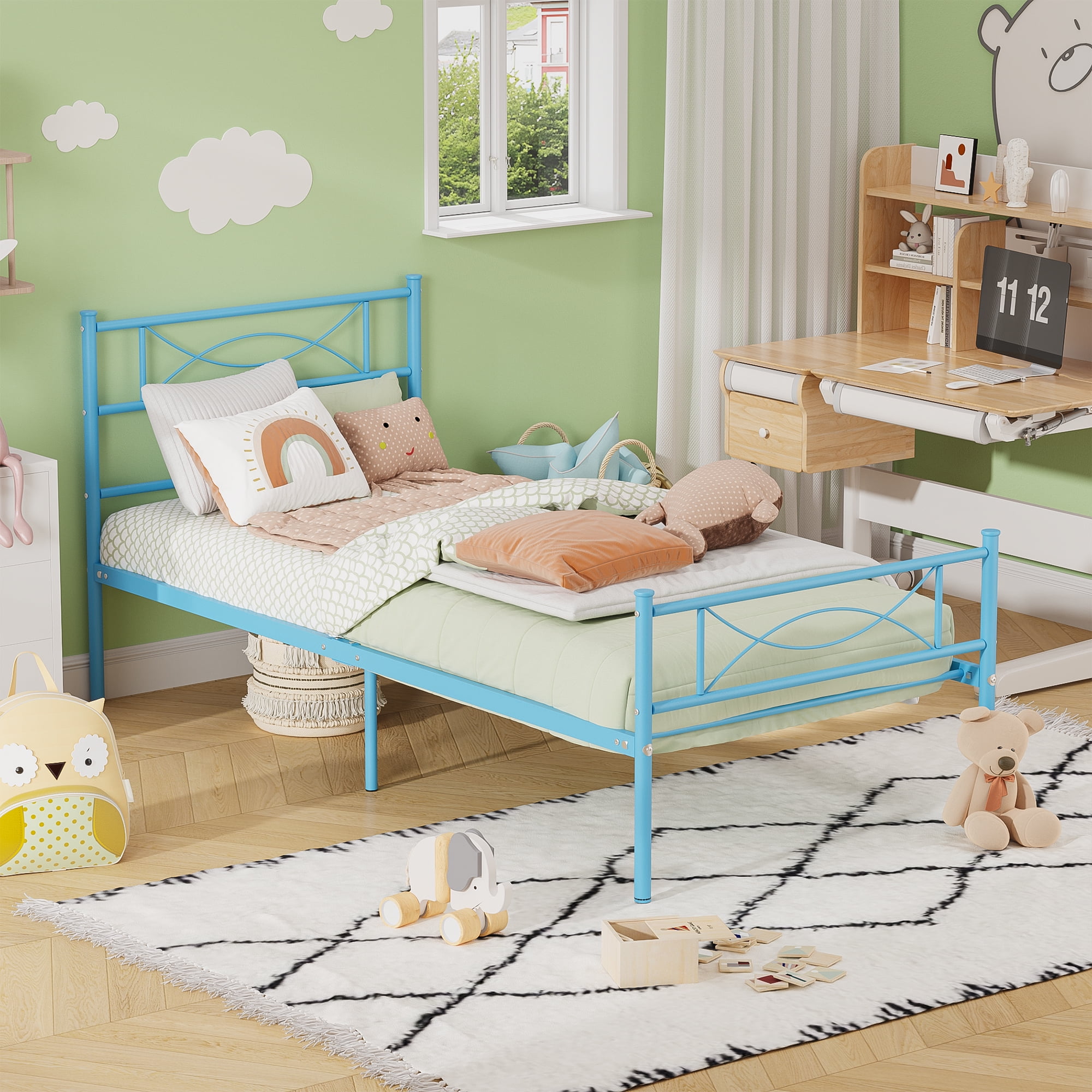 Yoneston Kids Twin Size Metal Platform Bed Frame Single Bed with Bowknot Headboards for Boys Bedroom Furniture – Light Blue
