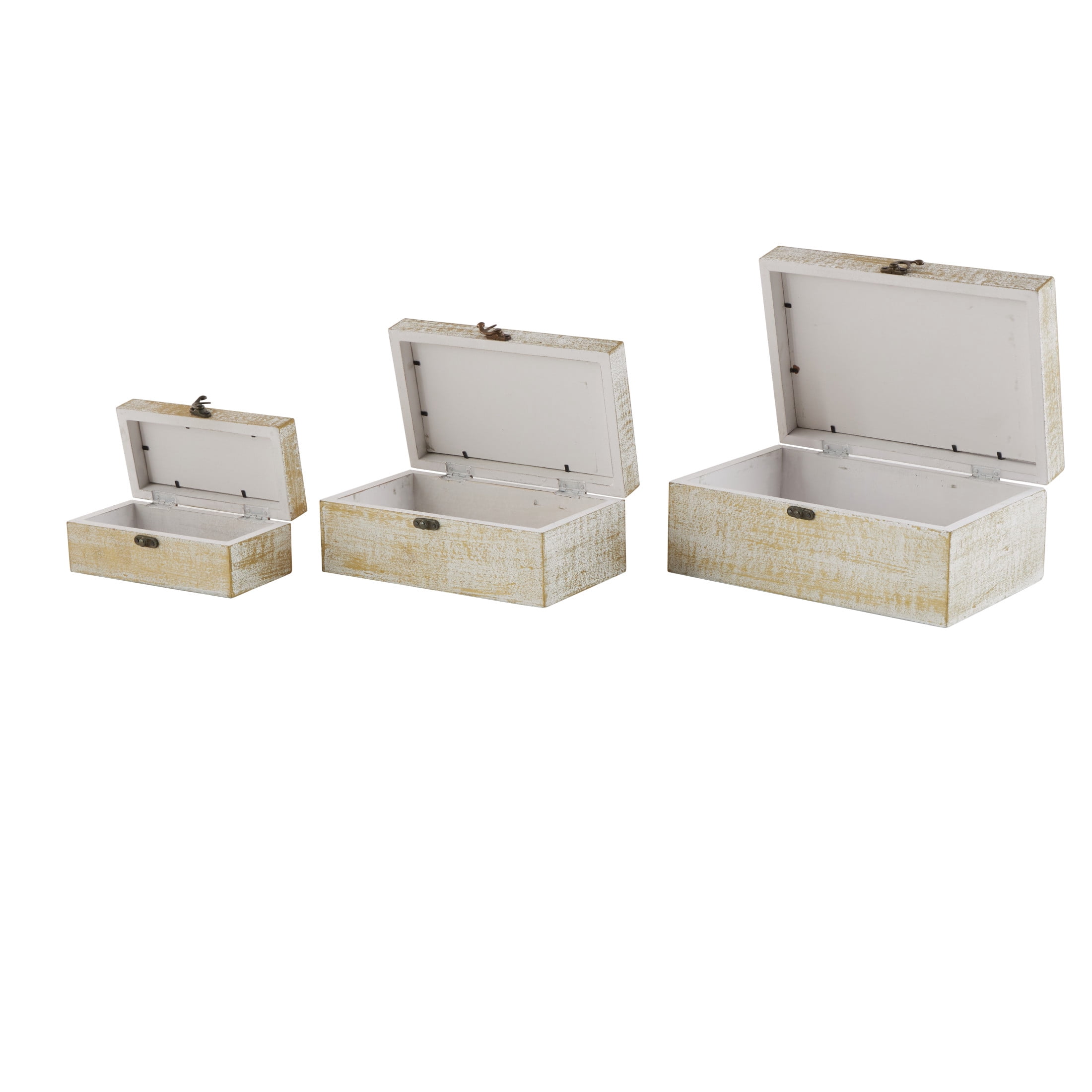 DecMode Floral Handmade White Mango Wood Decorative Box with Hinged Lid, 3 Count