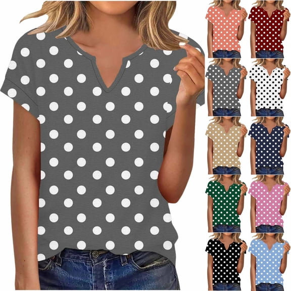 FRSASU Womens T Shirts Short Sleeve V Neck Polka Dot Printed Basic Tees Soft Casual Loose Fit Summer Fashion Tops White
