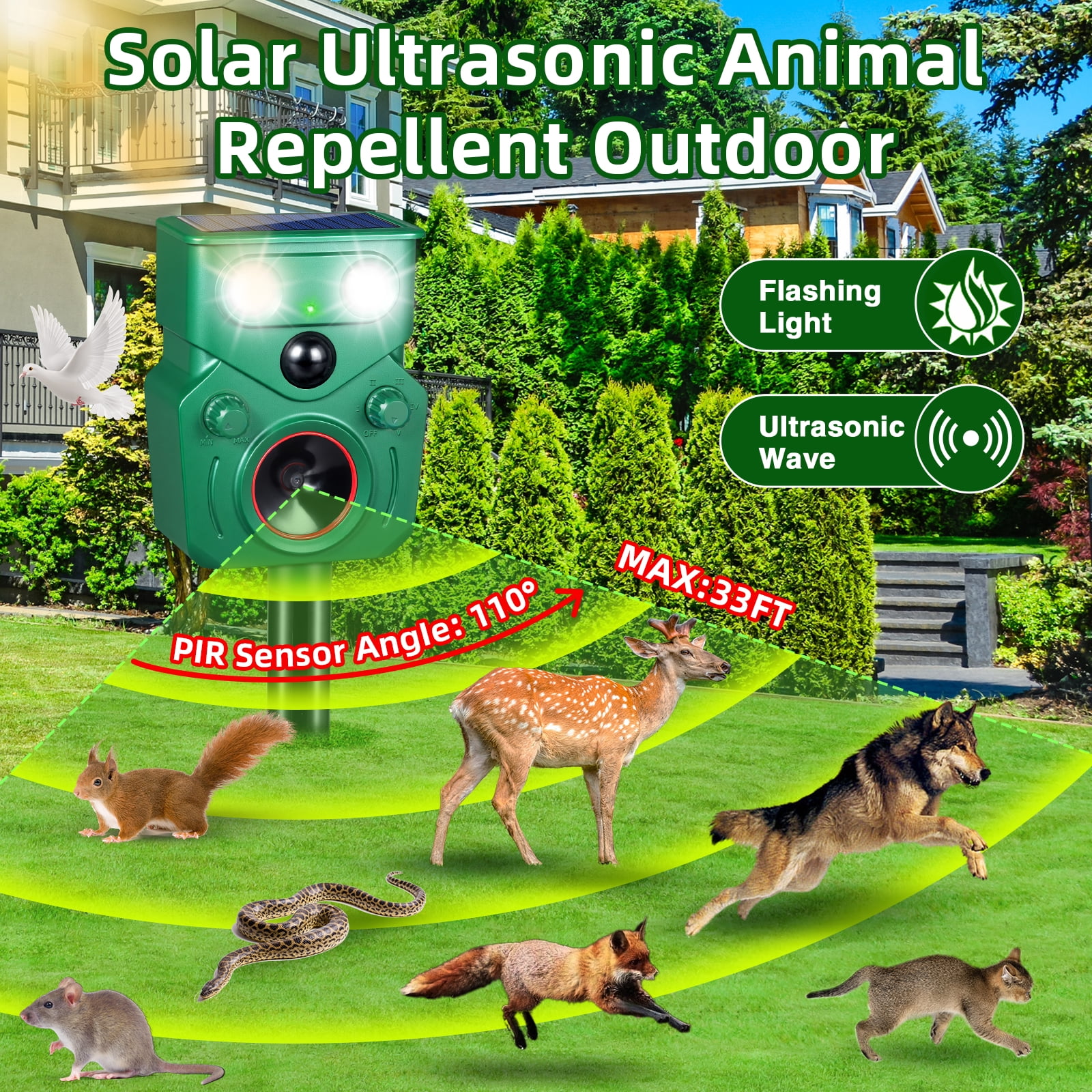 JahyElec Ultrasonic Animal Repeller,Solar Powered Cat Repellent Outdoor with Motion Sensor Waterproof Deer Repellent Devices with LED Flash Light