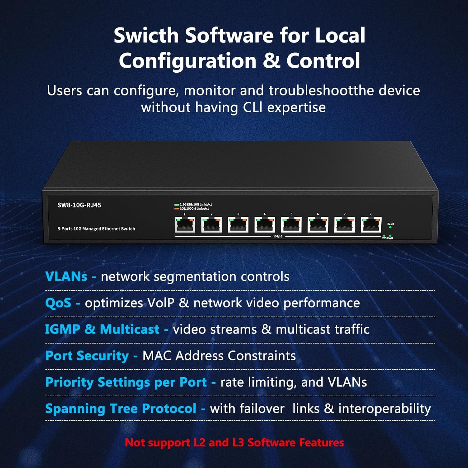 8 Port 10Gb RJ45 Web Managed Network Ethernet Switch 8 x 10G Base-T Port | Multi-Gig 10G-5G-2.5G-1G | Built-in Fan | 160G Bandwidth | 10Gbps for 10G NAS, PC, WiFi7 Router, 10G Adapter/NIC
