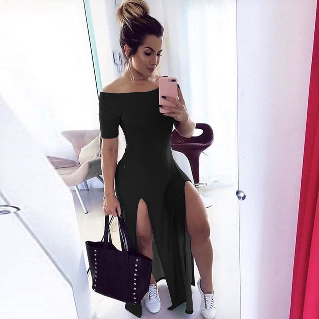 princess polly baby blue dress Off the Shoulder Dress for Women Fashion Women Sexy Slim Solid Color Short  Sleeves Off Shoulder Slit Long Dress