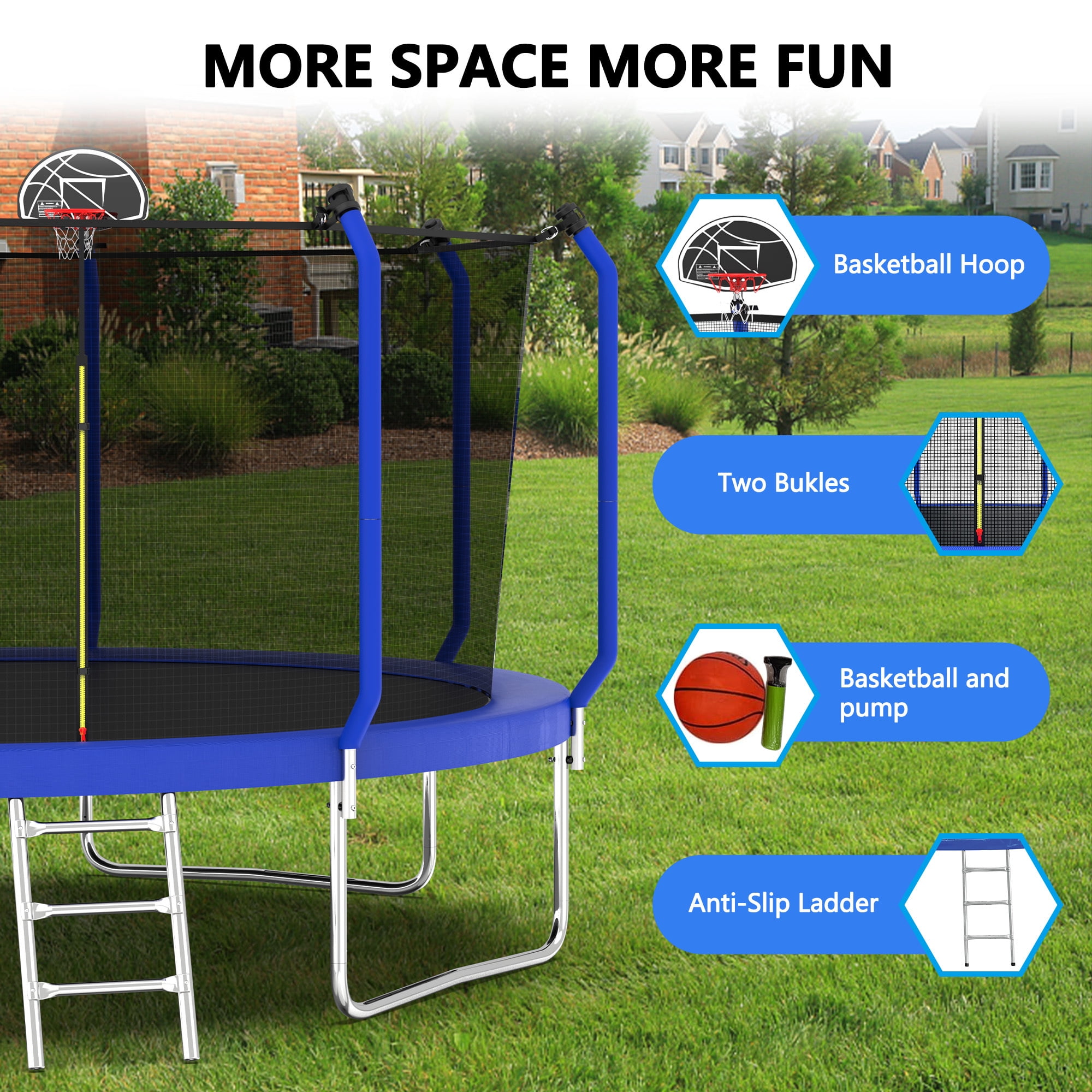 Leumius 14ft Trampoline for Kids and Adults,Heavy Duty Outdoor Trampoline with Basketball Hoop,Enclosure Net and Ladder,Upgraded Kids Recreational Trampoline,Blue