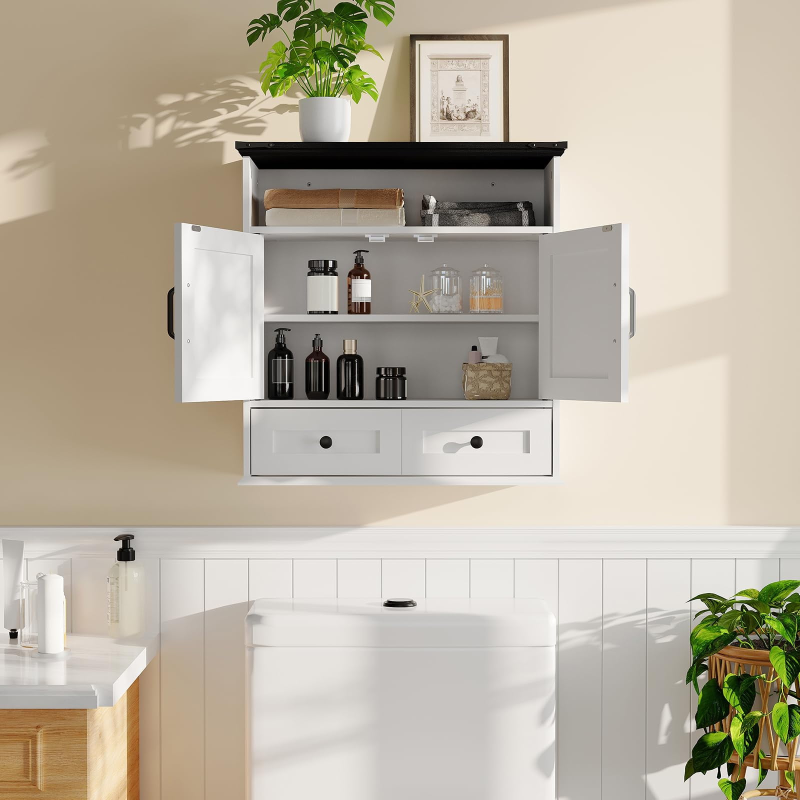 25" Wide Wall-Mounted Bathroom Cabinet with Barn Doors, Over-Toilet Storage with Adjustable Shelf & Drawer, Hanging Cabinet for Bathroom, Kitchen, Laundry, or Entryway