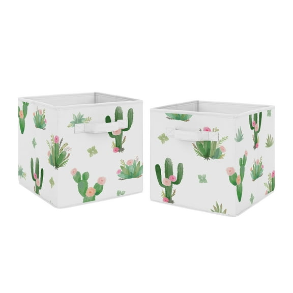 Cactus Floral Pink Green Fabric Storage Bins (Set of 2) by Sweet Jojo Designs