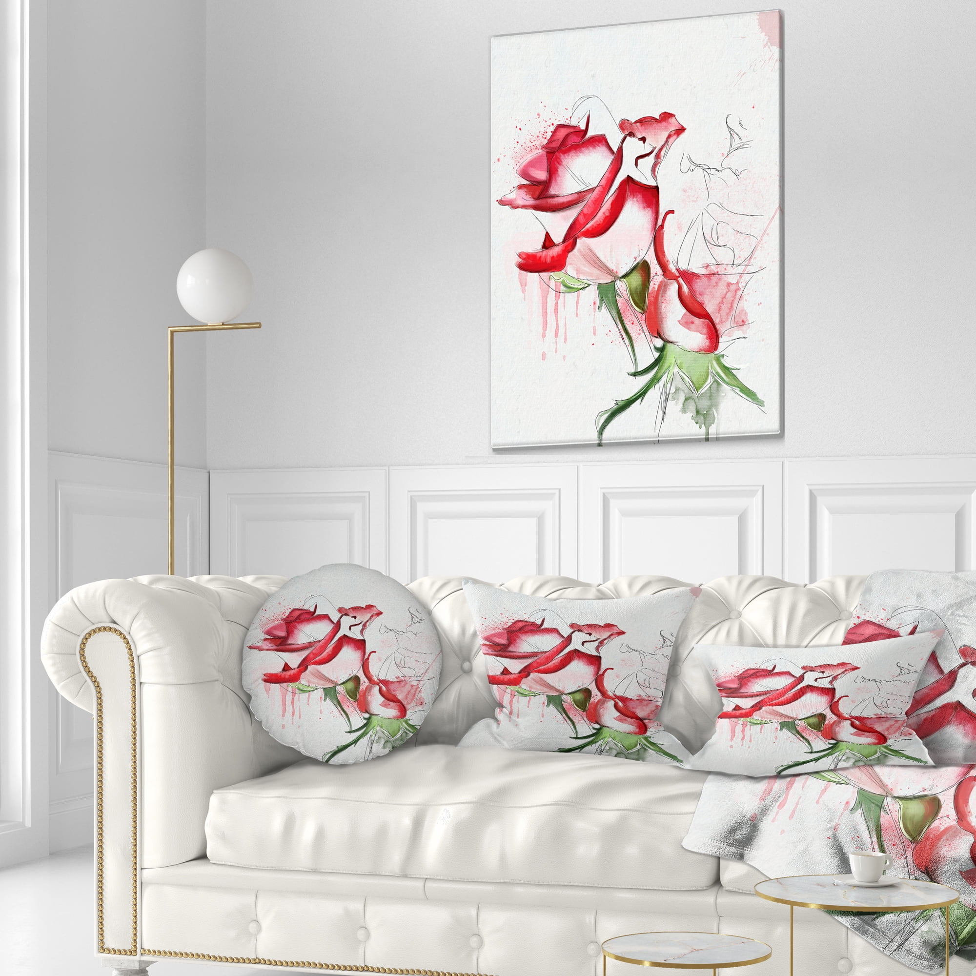 Designart Fantastic Red Roses Watercolor - Floral Throw Pillow - 12x20