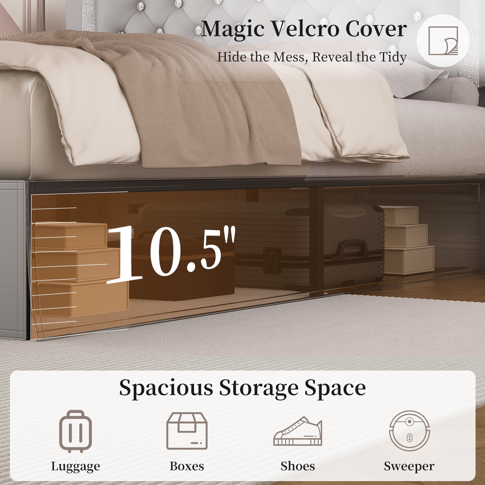 SIBEDS Queen Upholstered Bed Frame with Adjustable Headboard and LED Lights, Gray PU Tufted Diamond Button, No Box Spring Needed, Noise Free