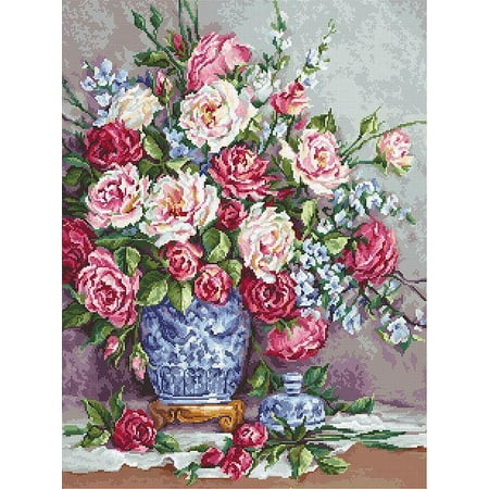UPC: 4840746024115 | Counted Cross-Stitch Kit Her Majesty Roses B605 Needlework Flowers Pink Red Canvas Cotton By Luca-S Green Blue Embroidery Nature