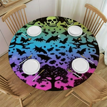 

Autua Skulls Trees Rainbow Round Table Cover Stain Resistant Washable for Indoor Outdoor Kitchen Dining Wedding Parties Polyester Fiber 42 -46