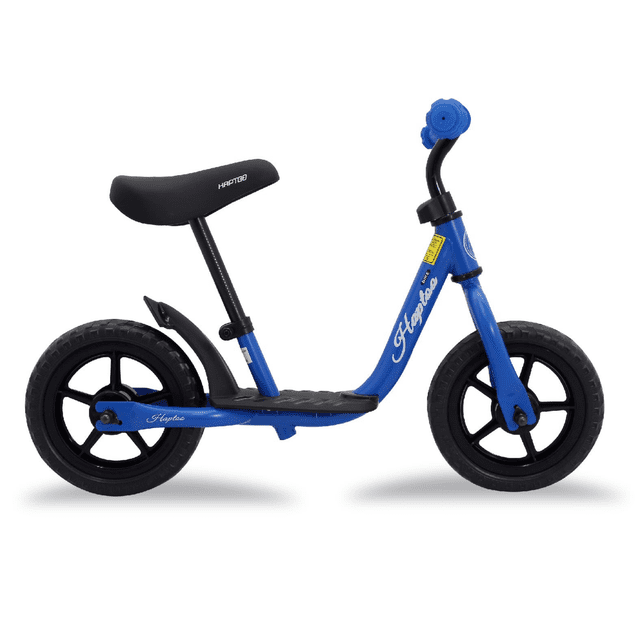 bicicleta balance haptoo c/llanta eva r12 color azul haptoo r12 Bicicleta de equilibrio rodada 12 en azul con cuadro de acero, sillín ajustable, manubrio curvado, plataforma baja y llantas EVA negras; vista lateral derecha sobre fondo blanco; adecuada como práctica inicial para desarrollar equilibrio en niños 1–4 años.