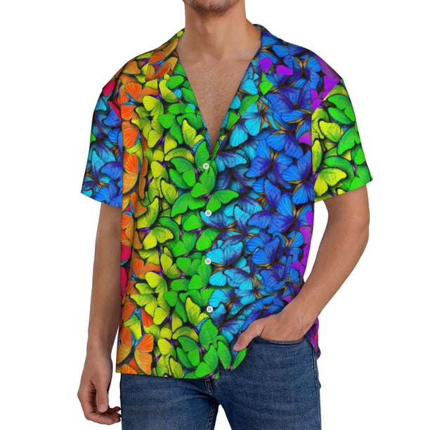 Balery Multicolored Butterflies Camisa Casual de Manga Corta con Botones para Hombre, Texturizada, Estilo Cubano, para Playa, Verano-XX-Large
