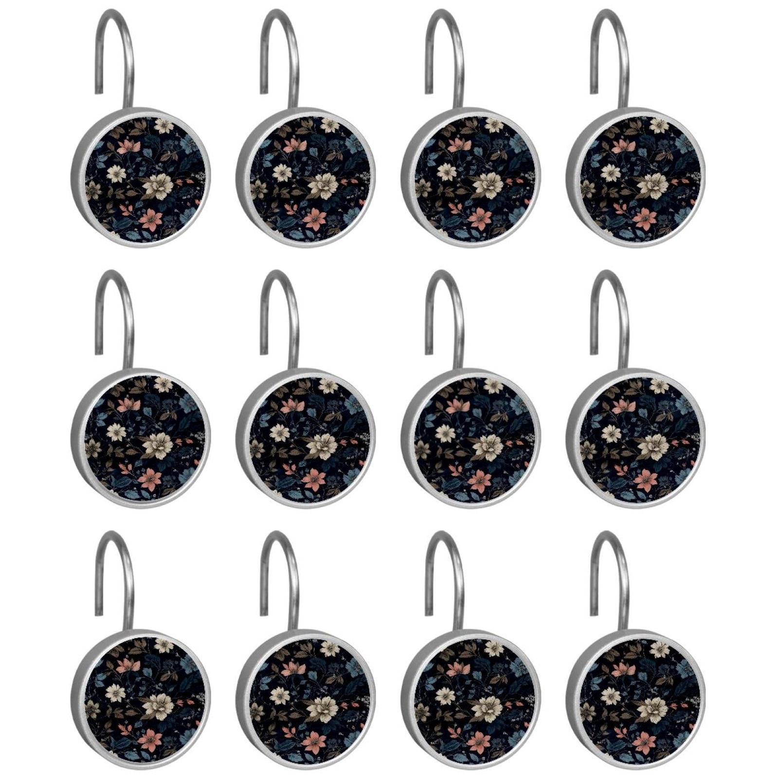 HemaKayy 12 Pcs Shower Curtain Hooks Bathroom Decorative Accessories Warm White Powder Blue Flower