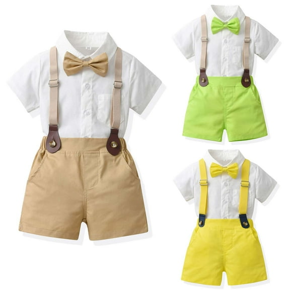 Fesfesfes Cute Outfits For Boys Boys Spring Short Sleeve Top&Strap Shorts Suit Outfit For Baby Toldders Solid Color, Photography Performance Set 2-3 Years