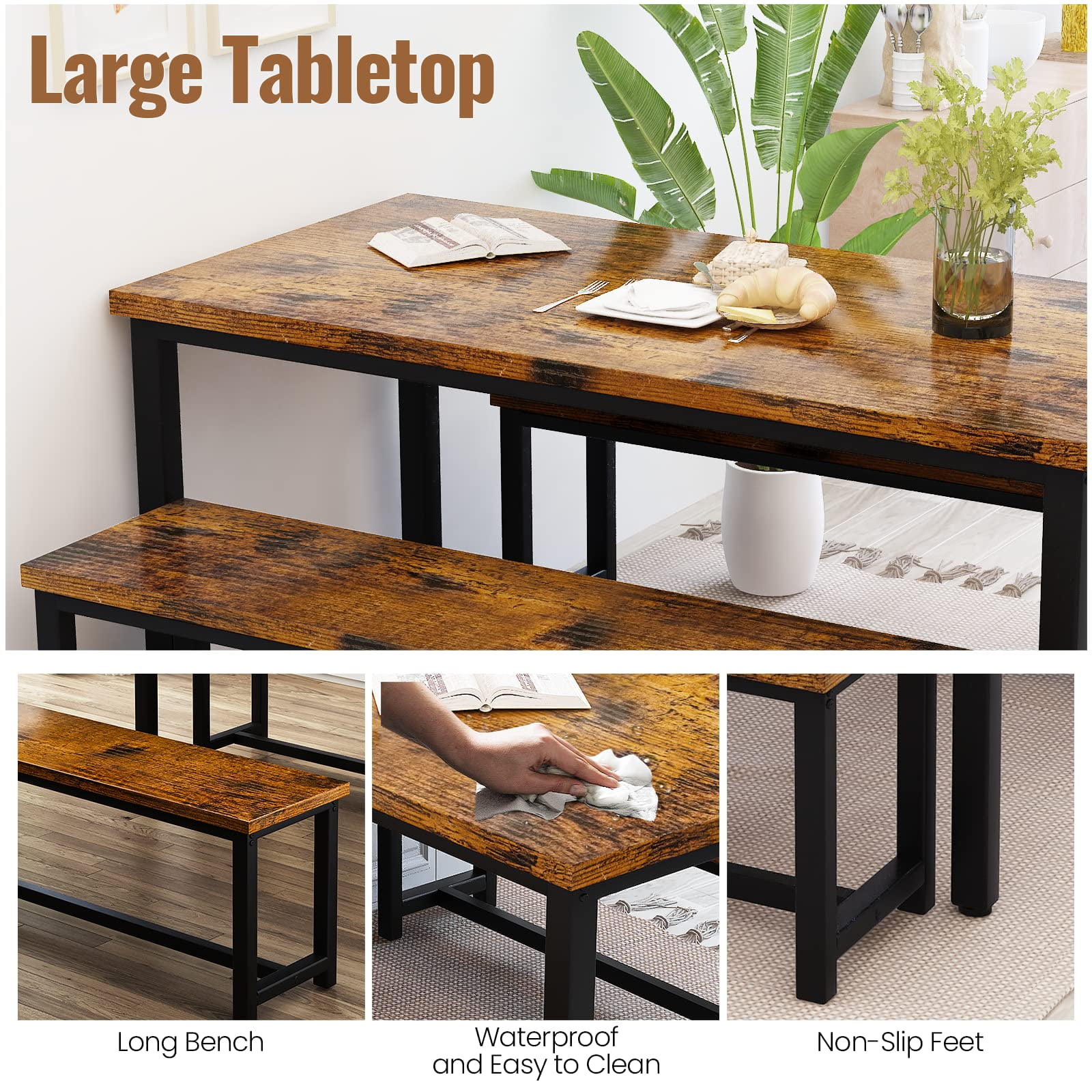 AWQM Dining Table Set with Two Benches, Kitchen Table Set for 4-6 Persons, Kitchen Table of 43.4 x 23.7 x 28.6 Inches, Bench of 38.6 x 11.9 x 17.6 Inches Each, Rustic Brown and Black