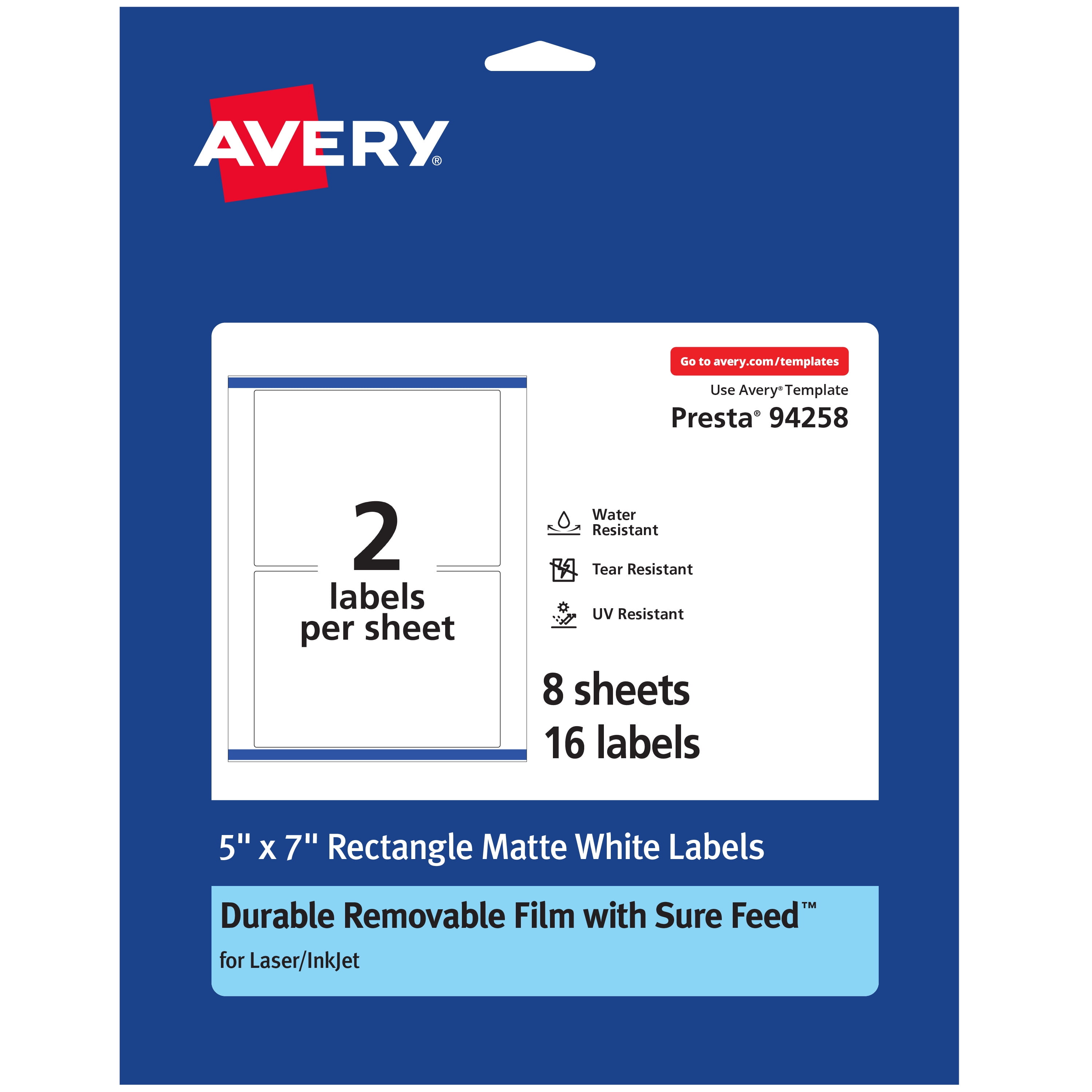 Avery Durable ID Labels with Sure Feed, 5'x 7', 16 White Labels, Removable Label Adhesive, Laser/Inkjet Printable Labels