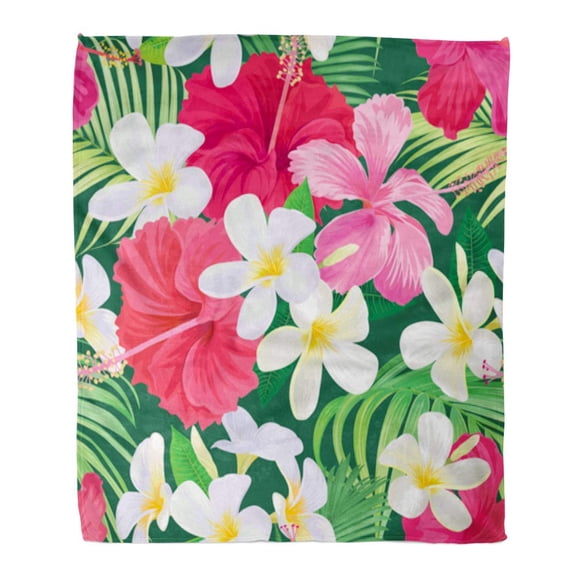 JSDART Throw Blanket 58x80 Inches Tropical with Hibiscus and Plumeria Flower with Leaf on Green of Exotic Warm Flannel Soft Blanket for Couch Sofa Bed
