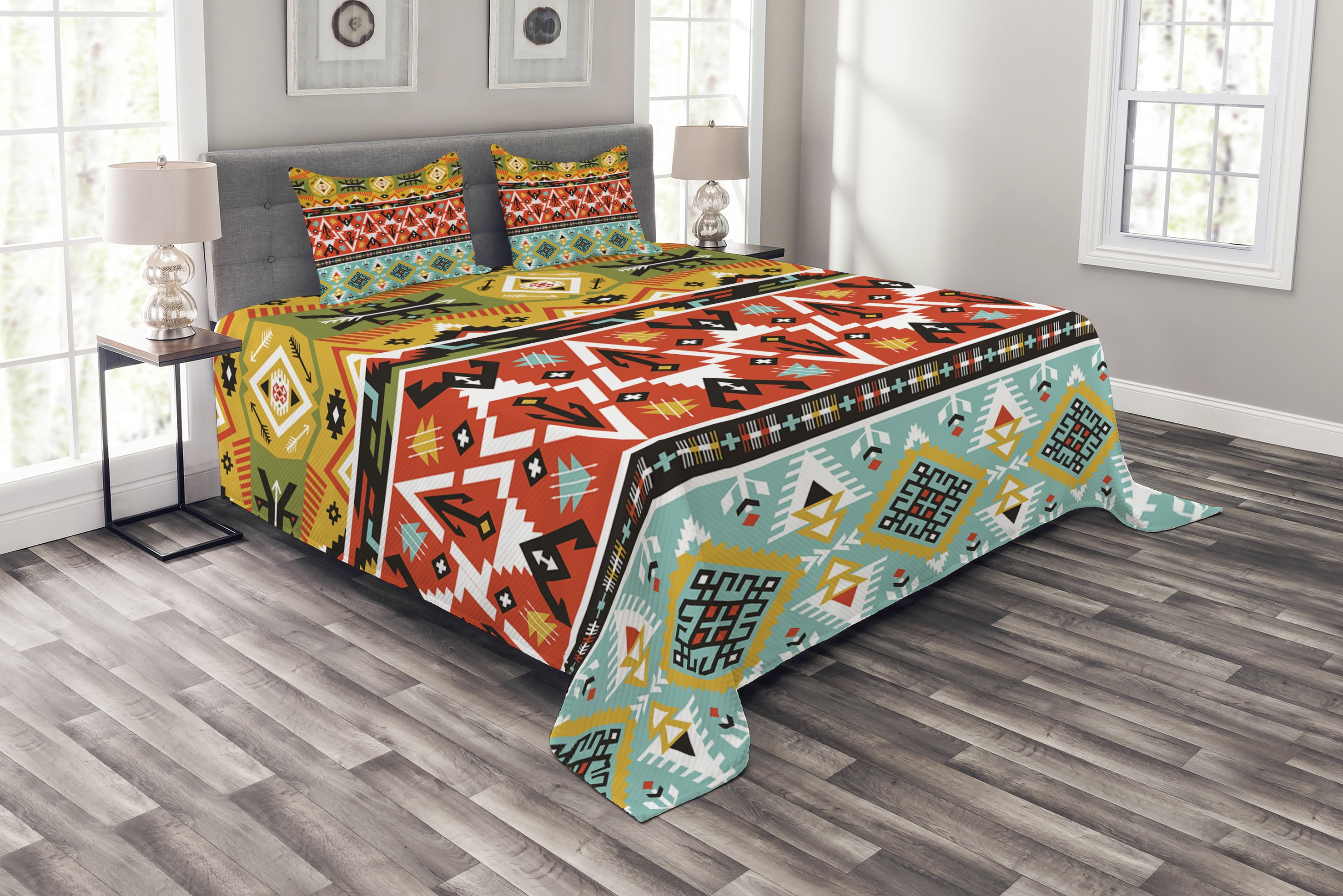 Tribal Bedspread Set Queen Size, Love and Adventure Abstract Mountains