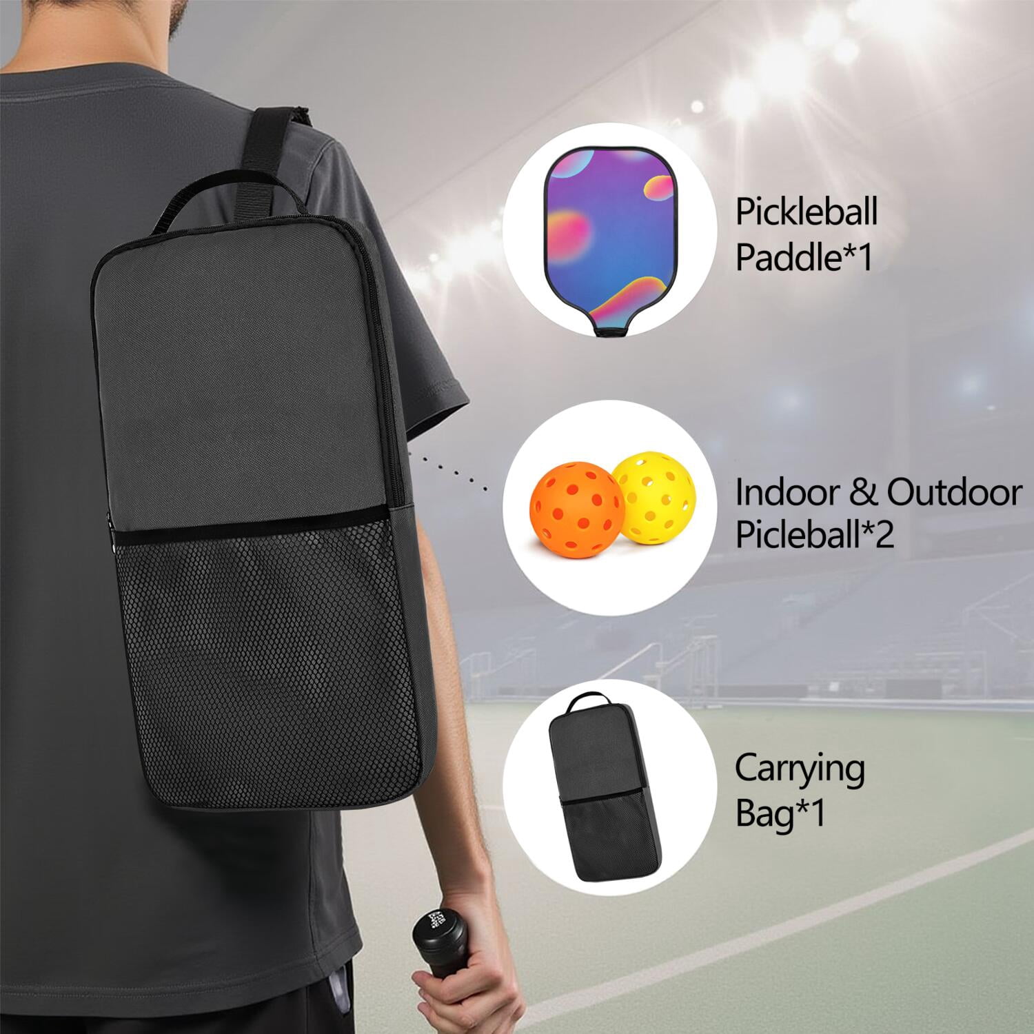 Pickleball Paddles Set Of 1, Fiberglass Surface, Neon Fluid Print, 1 Paddle, 2 Balls & Bag
