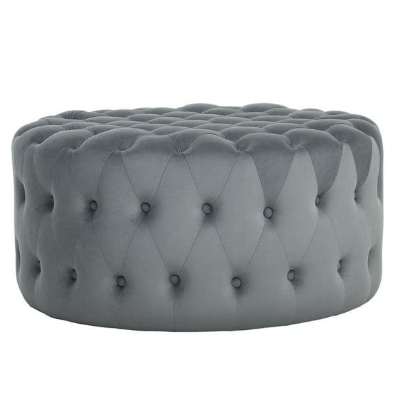 Velvet Ottoman Coffee Table, Round Button Tufted Footrest Stool, Dark Gray Living Room Accent Furniture