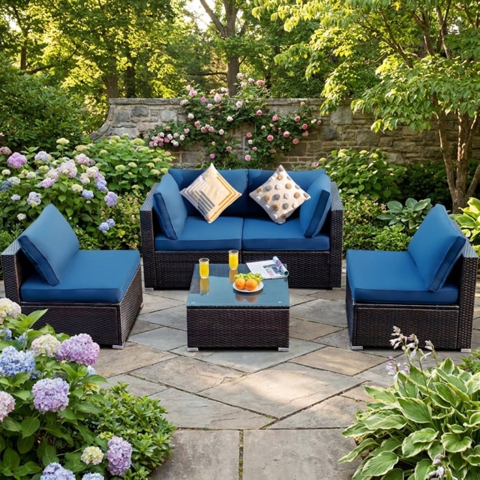 Biotree Patio Furniture Set 5 Piece Cushioned Rattan outdoor sectional with glass table outdoor conversation set for garden backyard porch, Navy