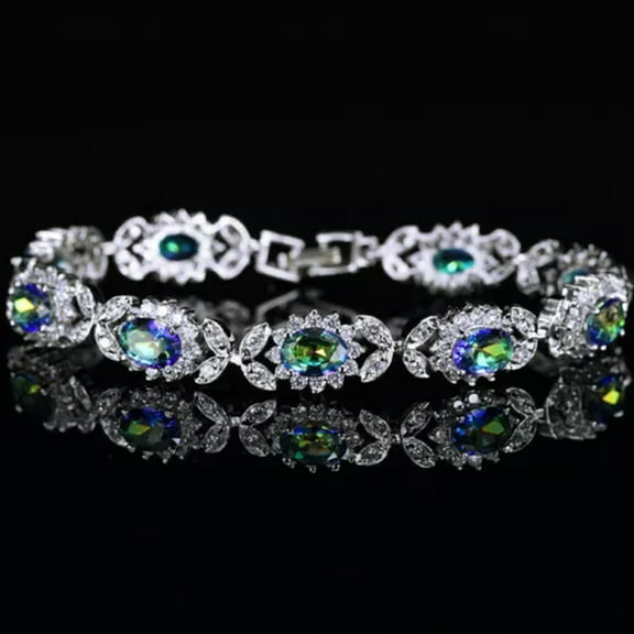 Oval Rainbow Fire CZ Crystal 925 Sterling Silver Bracelet For Women