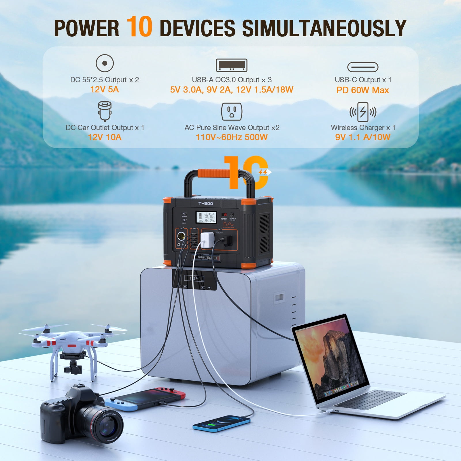 Portable Solar Power Station 500W(Peak 1000W), 519Wh 10-Port Generator Backup Battery Pack, for RV/Van Camping Fishing Climbing Road Trip Home Emergency